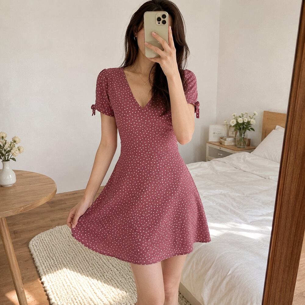 A+F Mauve Polka Dot Puff Sleeve Smocked Mini Dress SP Cottage Coquette Prairie